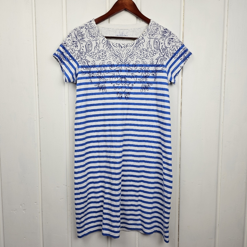 Vineyard Vines Scarf Print Blue Striped Pima Cotton T Shirt Dress sz Small